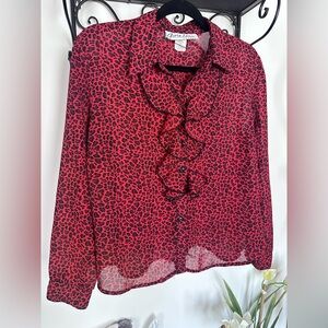 Red Leopard Print Women's Ruffle Blouse